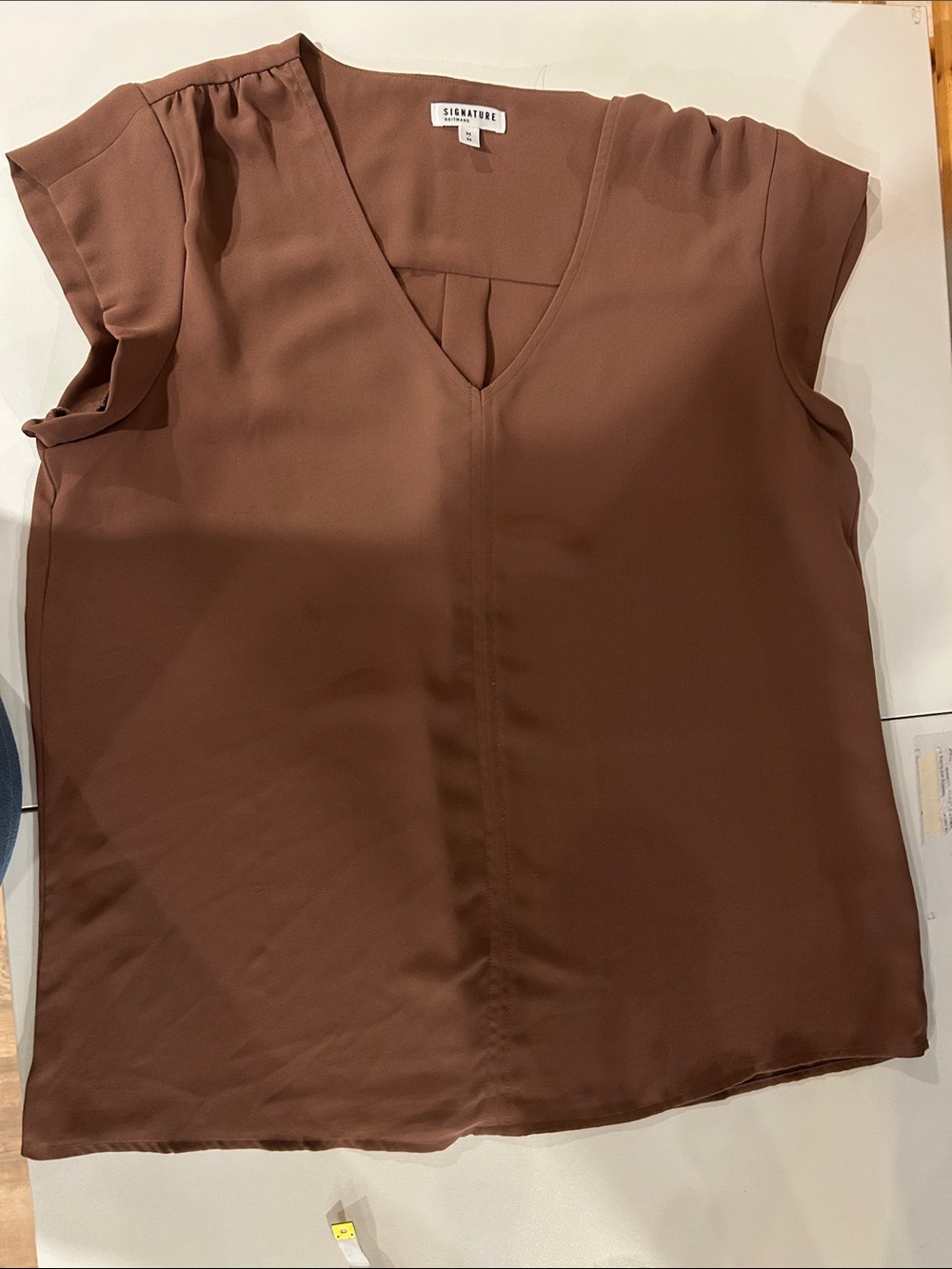 Signature Chocolate Brown V-Neck Cap Sleeve Blouse